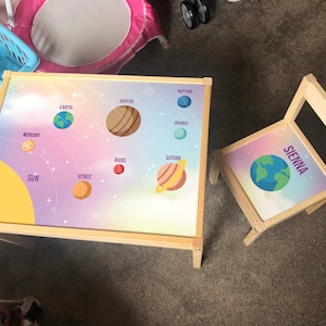 Personalised Children&#39;s Ikea STICKER ONLY LATT Wooden Table and 1 Chair Pink Planets Planets kids School Learning Desk