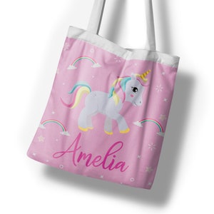 Personnalisé Enfant Rose Licorne Sparkle Tote Bag, Conte de fées, Tout nom, Coloré, Shopping, Sac à sous-tout, Mignon, Réutilisable, École