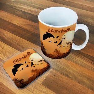 Personalised Children&#39;s Bats 11oz Ceramic Mug And Coaster Set, Any Name, Colourful, Gift, Mug, Hot Drink