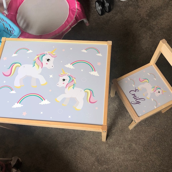 Personalised Children's Ikea LATT Wooden Table and 1 Chair1 Printed Unicorn Sparkle Rainbow Star Play Map Mat Kids Girls Friends Boys Family