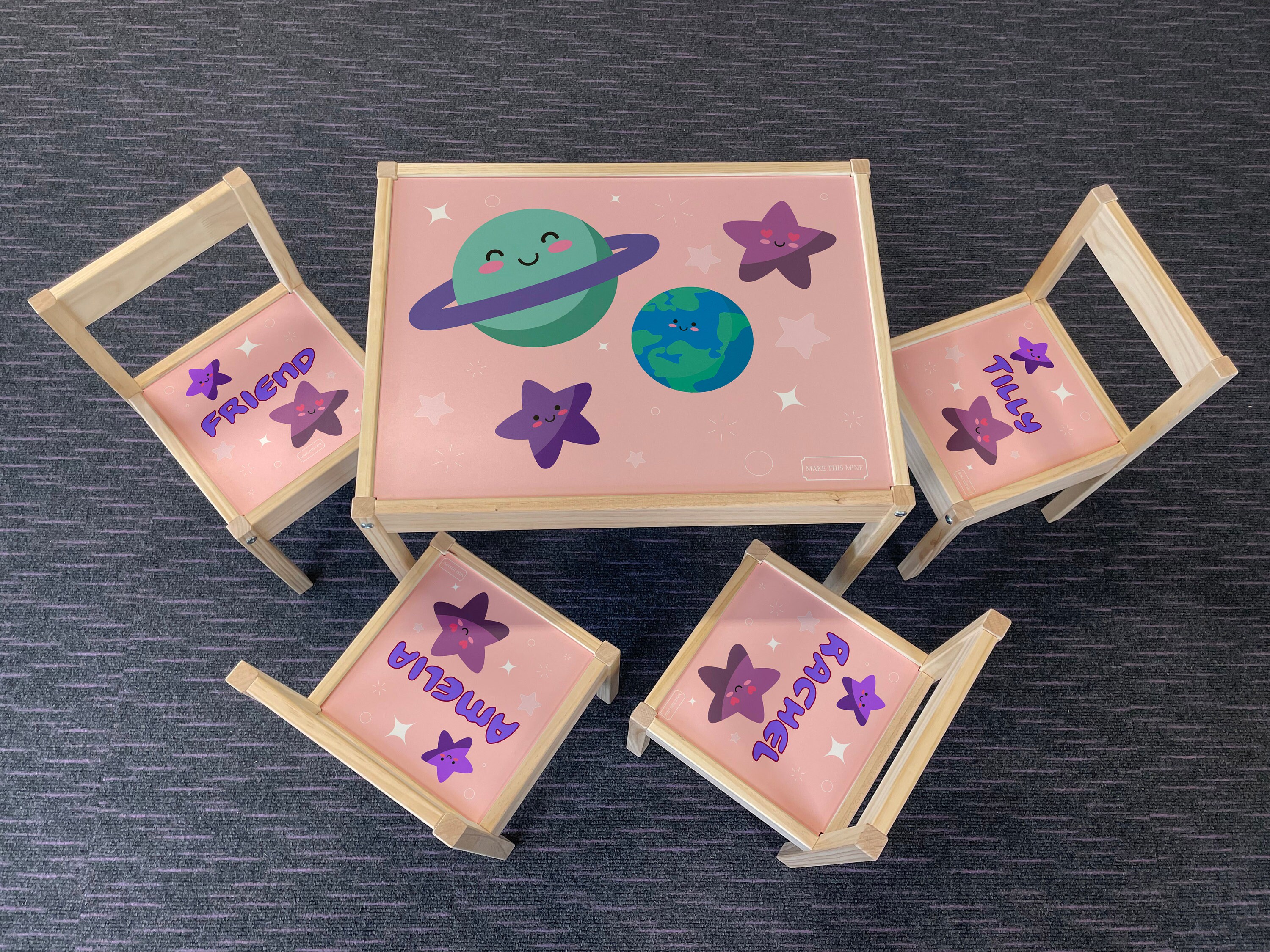 Personalised Children/'s Ikea LATT Wooden Table and 4 Chairs Printed Space Astronaut Planets Solar System Rockets Play Map Mat Kids Girl Boy