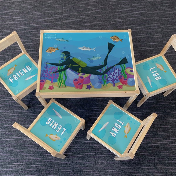 Personalised Children's Ikea LATT Wooden Table and 4 Chairs Printed Scuba UnderWater Seaside Beach Holiday Sea Play Map Mat Kids Girls Boys