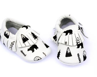 Adventure Mountains Woods Baby Moccasins, Mountains & bears, woodland, monochrome moccs, adventure pattern moccs, painted baby shoes, woods