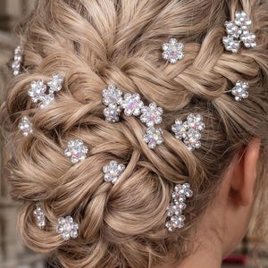 May include: A blonde updo hairstyle decorated with multiple sparkling, flower-shaped hairpins. The pins are scattered throughout the braided and twisted hair, reflecting light. The background shows a church interior.