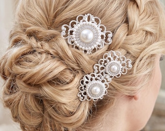 3er Set Haarkämme silber-weiß – Festlicher Vintage Brautschmuck mit Strassknöpfen