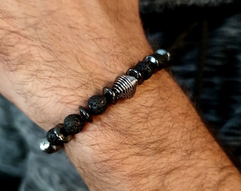 Bracelet with lava and hematite beads, unisex, elastic