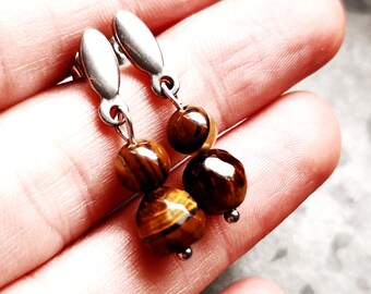 Earrings, studs, tiger eye and stainless steel