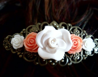 Decorated hair clip, vintage style, hair accessories, wedding, festival, communion, flowers, roses, cabochon, bronze