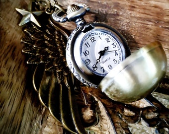Kettenuhr, Uhr, Damenuhr, bronzefarben,Uhrenkette, Engel, Kugel, Stern, beschützen, Vintage, Antik