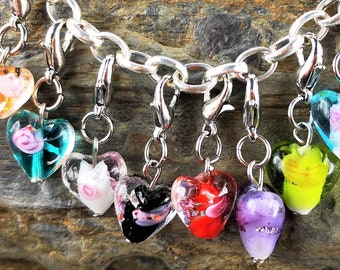 Pendant, charm chain, charm bracelet, glass heart, Murano glass,