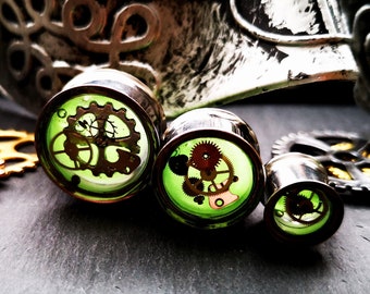 Steampunk plug, glow-in-the-dark, handmade, ear piercing, tunnel, up to 50 mm