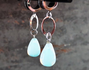 Tunnel avec pendentif, plug, tunnel d'oreille, acier inoxydable, opale