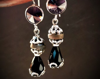 Earrings, drop earrings, vintage style, cut glass beads,