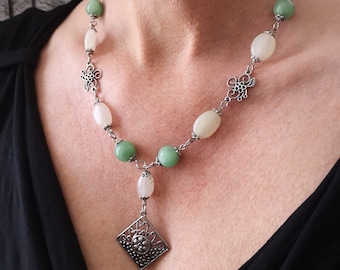 Kette, Collier, Quarz, Jade, Trachtenschmuck