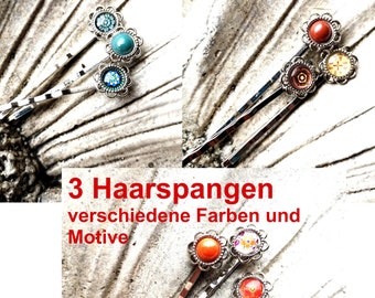 3 Haarklemmen, Haarspangen,  mit Cabochon