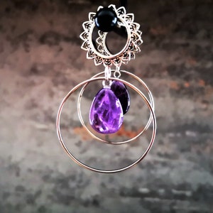 Tunnel with pendant, ear weight, plug, ear tunnel, stainless steel, amethyst