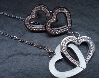 Jewelry set, chain, earrings, ear studs, hearts, rhinestones, stainless steel,