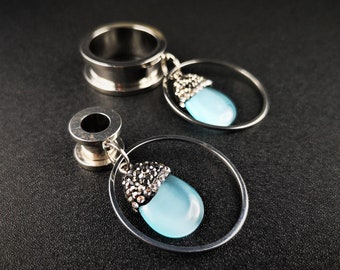 Tunnel with pendant, ear weight, ear tunnel, stainless steel and glass