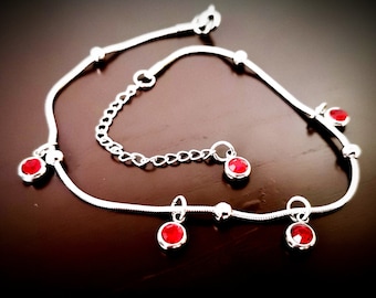 Anklet, stainless steel, balls and red glass, anklets