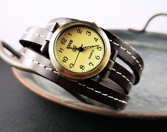 Armbanduhr,Wickeluhr,   Lederarmband, Vintage-Stil,
