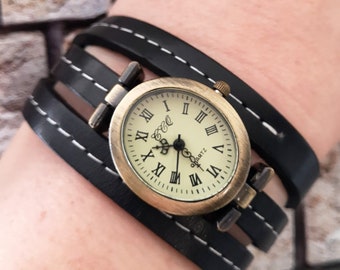 Wrist watch, wrap watch, leather strap, vintage style