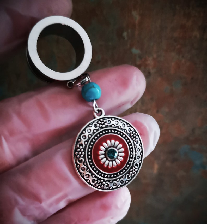 Tunnel avec pendentif, plug, tunnel d'oreille, acier inoxydable, mandala image 5