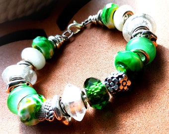 Bracelet, modules, beads. Module bracelet, silver, green, white, pearl bracelet,