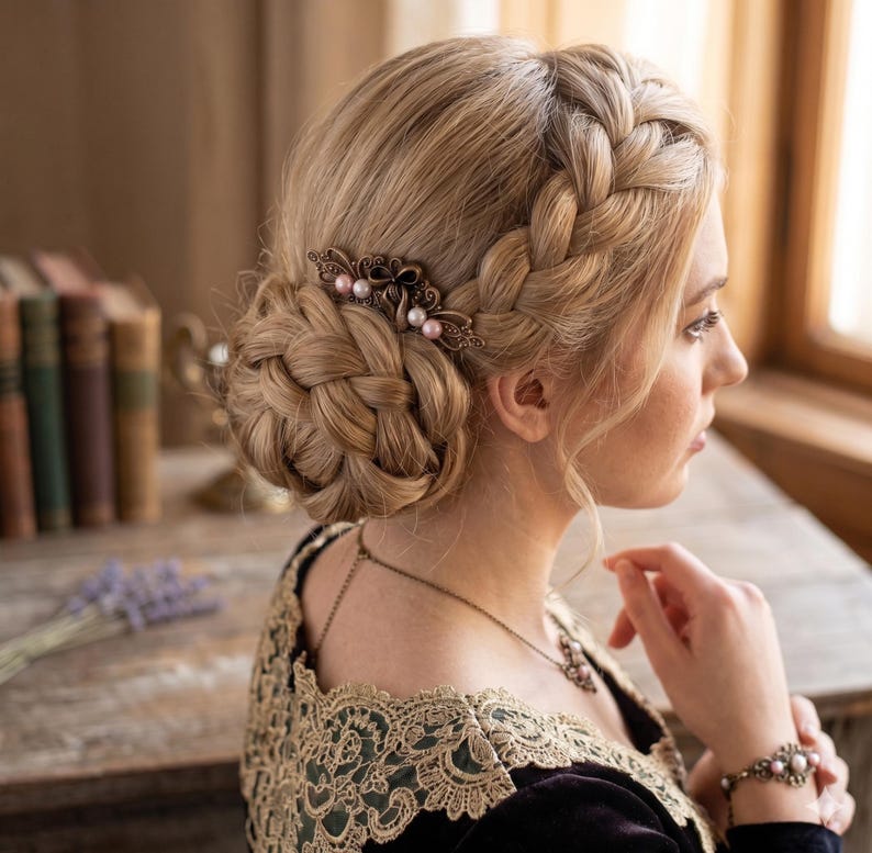 May include: A woman with blonde hair styled in a braided updo, adorned with a bronze hair comb featuring pink pearls. She wears a dark dress with gold lace detailing, a matching necklace, and a bracelet. The image has a vintage aesthetic.