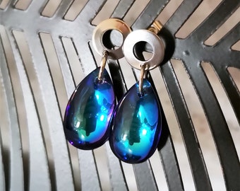 Earrings, drop earrings, stainless steel and glittering glass drop,