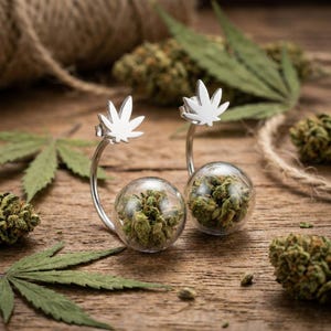 Double stud earrings with hemp flowers – cannabis jewelry for stoners & 420 fans