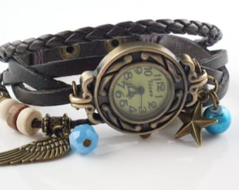 Wristwatch,Leather watch, Ladies' watch, Watch, Quartz watch, Vintage style, bronze