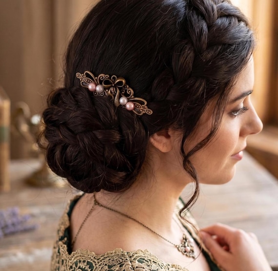Romantischer Vintage-Haarkamm bronzefarben mit Schleife & Cabochon, Antik-Stil