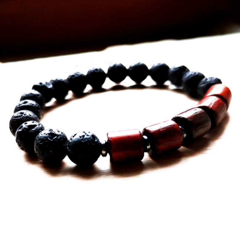 Bracelet with lava elastic unisex wooden beads and hemati beads