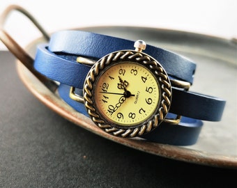 Montre-bracelet, montre wrap, bracelet en cuir, style vintage