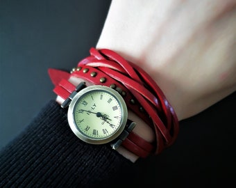 Armbanduhr, Lederuhr, Vintag-Stil, Wickeluhr