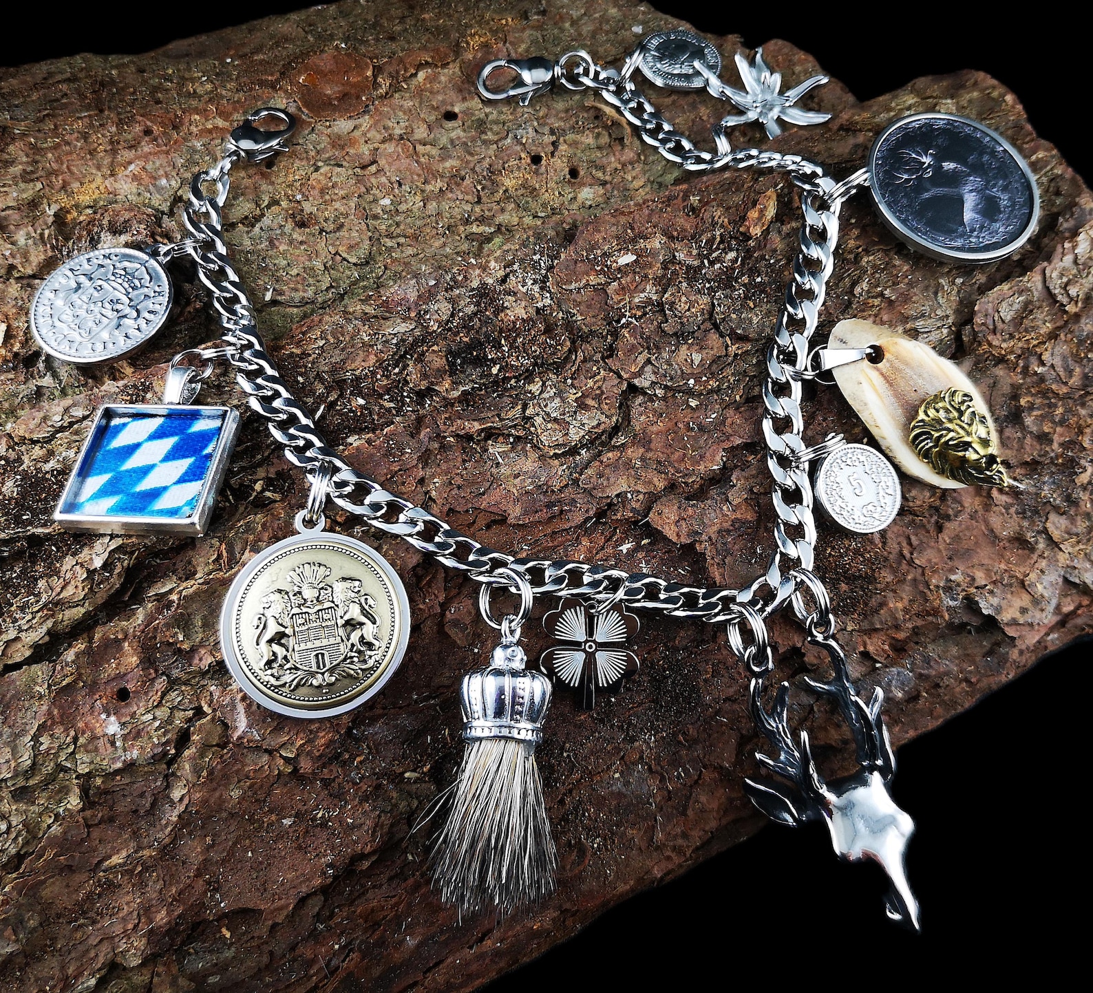 Men's charivari made of stainless steel, traditional jewelry, 1-row, deer