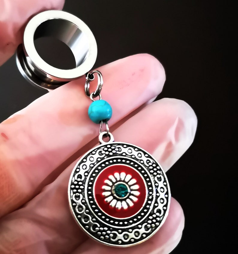 Tunnel avec pendentif, plug, tunnel d'oreille, acier inoxydable, mandala image 3