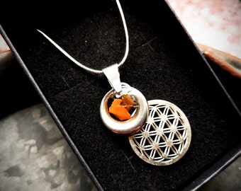 Chain, flower of life and tiger's eye, stainless steel