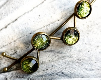 decorated hair clip, hair accessory, green glitter