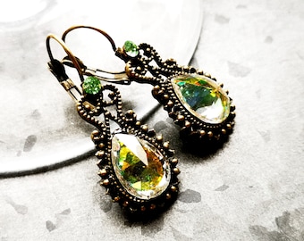 Earrings, drop earrings, ear hooks in vintage style, pierced glass stone drops,