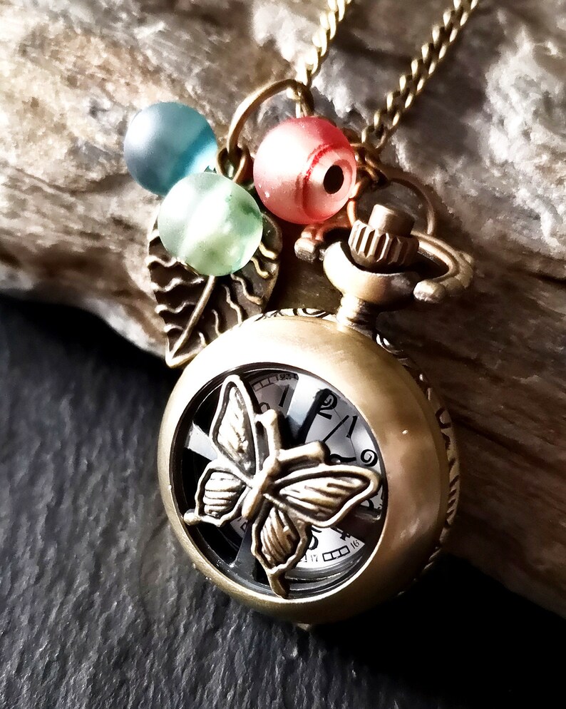 MORFONG Damen Taschenuhr Bronze - Steampunk Schmetterling Design Mit Kette, Quarzwerk