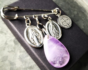 Brosche, Anstecknadel, Anstecker, Charivari-Brosche, Trachtenschmuck, Edelstahl und Amethyst