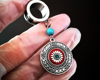 Tunnel with pendant, plug, ear tunnel, stainless steel, mandala