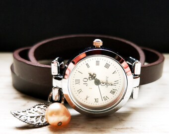 Armbanduhr,Wickeluhr, echt Leder, Zuchtperle
