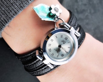 Wrist watch, wrap watch, faux leather, decorated, leaf and flower