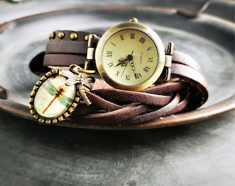 Wrist watch, winding watch, leather watch, dragonfly