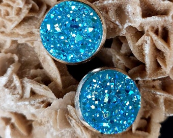 1 pair of earrings, earrings, ear studs, cabochon, glitter, resin, silver plated, 1 pair, turquoise,