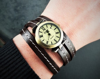 Montre-bracelet, montre wrap, bracelet en cuir, style vintage