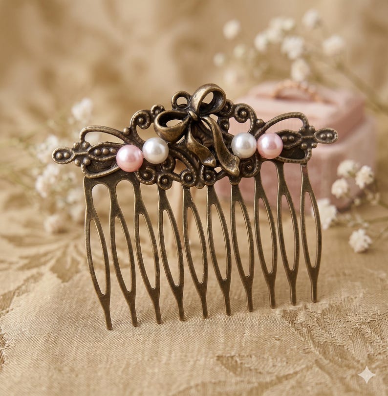 May include: An antique bronze hair comb with a decorative bow and three faux pearls in pink and white. The comb has multiple tines and is designed for securing hair. The comb is likely for a wedding or special occasion.