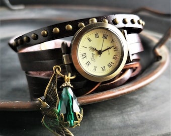 Wrist watch, wrap watch, leather watch, bird
